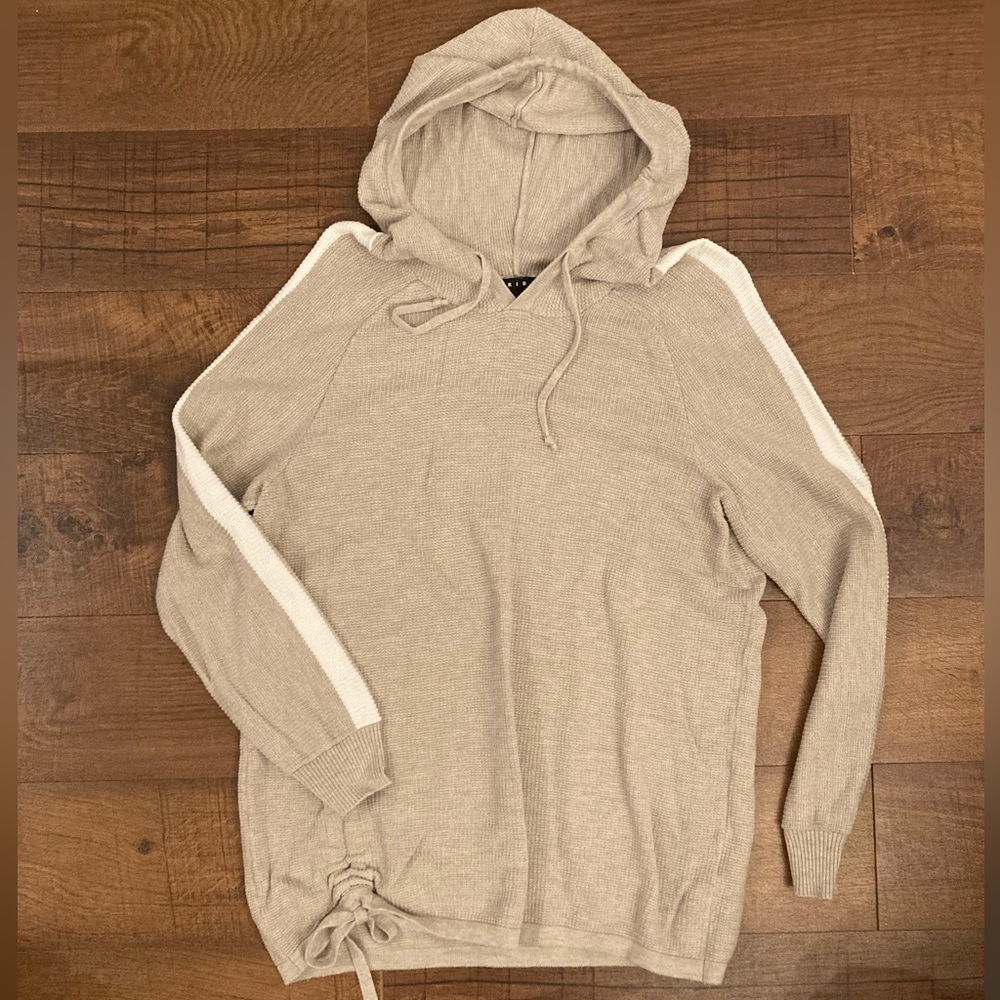 Tribal Waffle Knit Boho Loungewear Hoodie Tan w/ White Stripe Women’s L